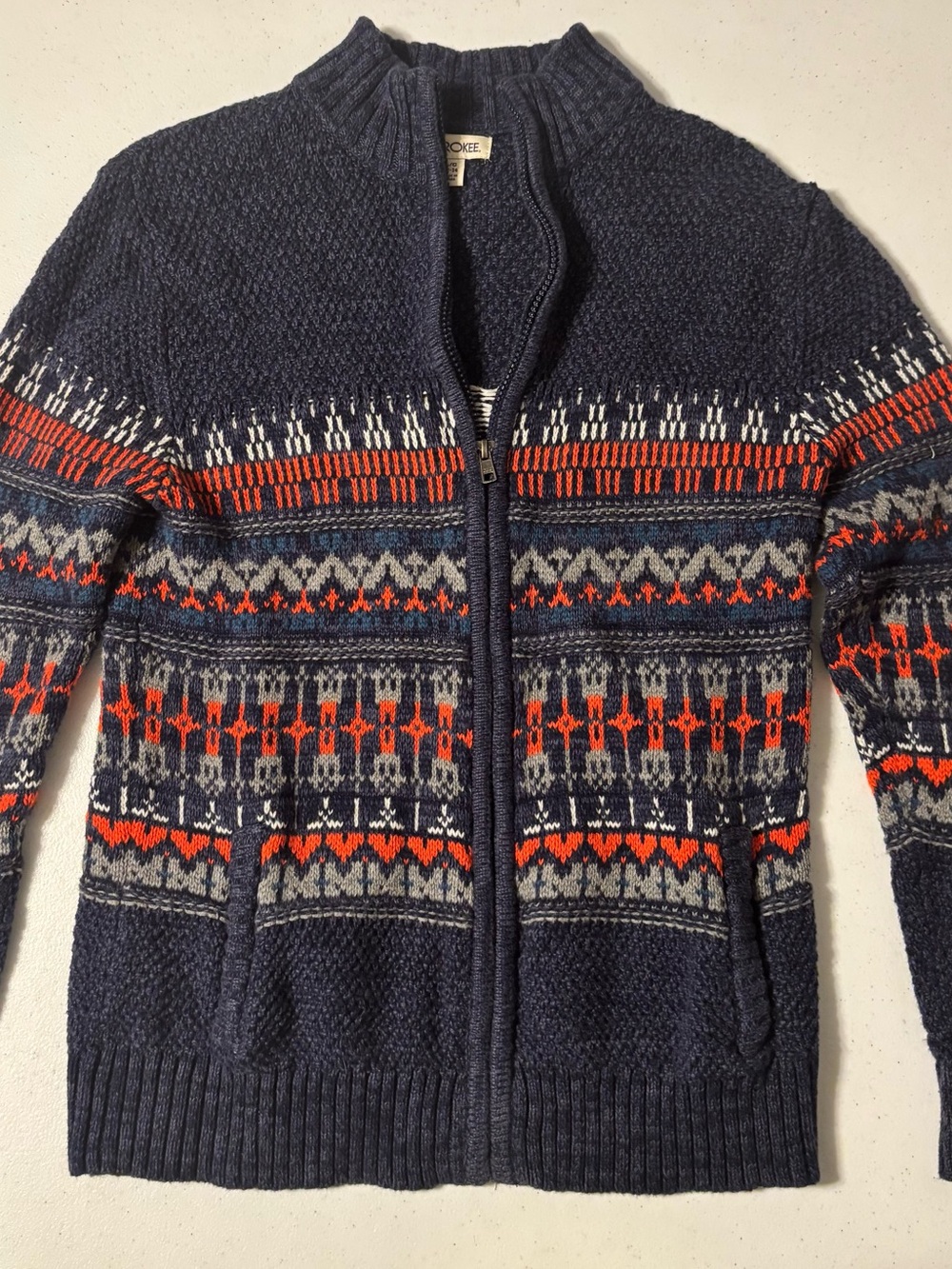 Cherokee Navy Fair Isle Zip Cardigan with Red & Gray Pattern